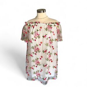 Very J White Floral Embroidered Mesh Tulle Off Shoulder Mini Dress VD32418 L